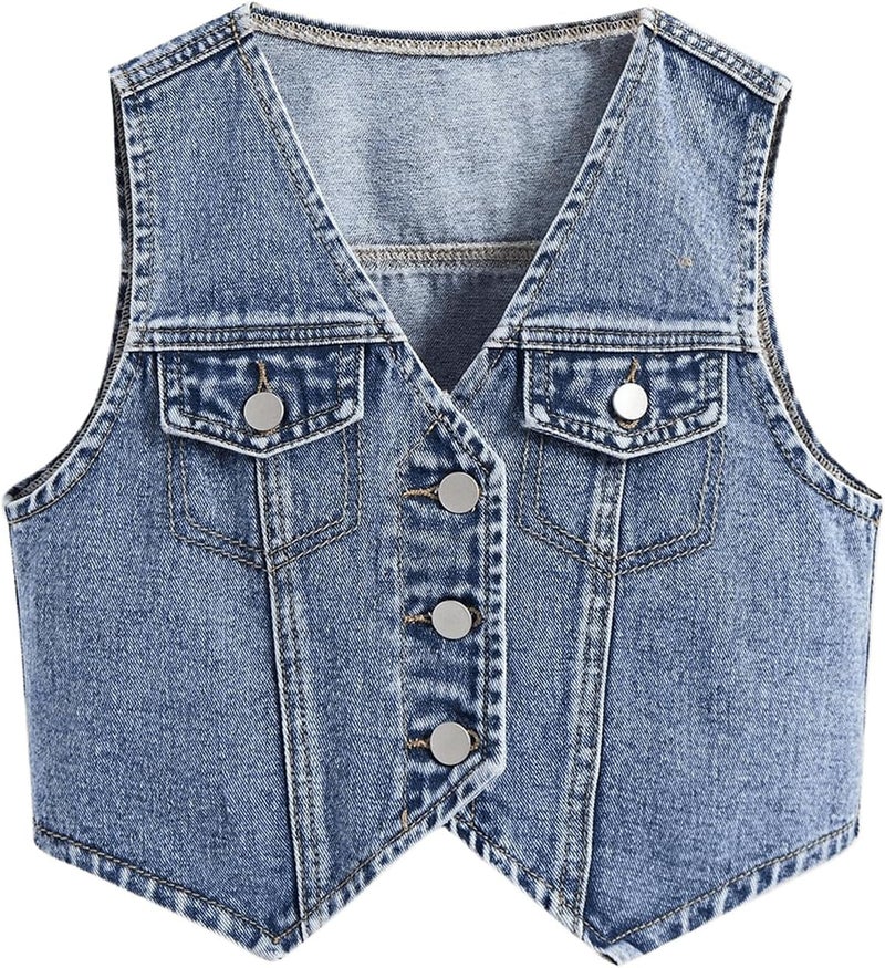 Floerns Girl's Button Down Denim Vest V Neck Sleeveless Asymmetrical Jean Jacket - Image 1